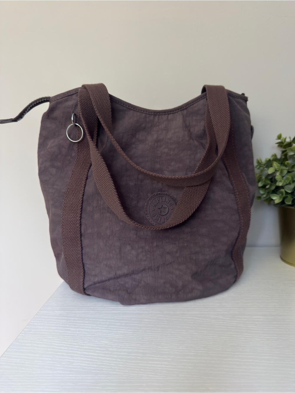 Kipling Brown Crinkle Nylon Bucket Shoulder Tote